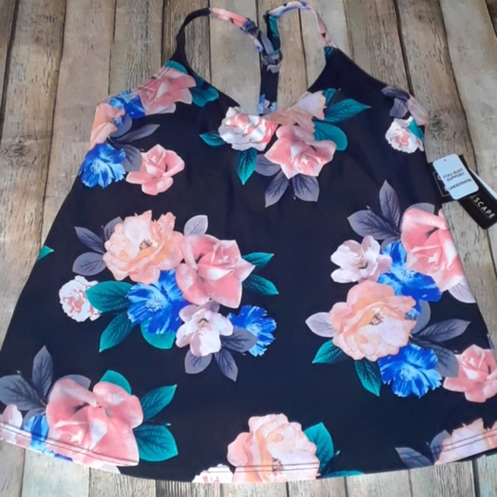 Island Escape Kauai Bloom Floral Underwire Tankini Top Black 6